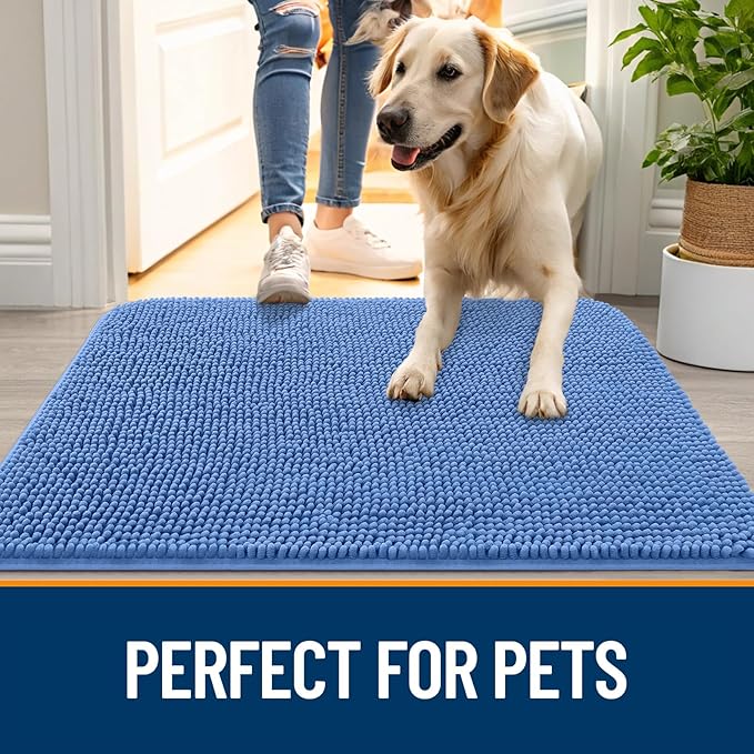 OLANLY Dog Door Mat for Muddy Paws 30x17, Absorbs Moisture and Dirt, Absorbent Non-Slip Washable Doormat, Quick Dry Chenille Mud Mat, Entry Indoor Entryway Carpet for Inside Floor, Cornflower Blue