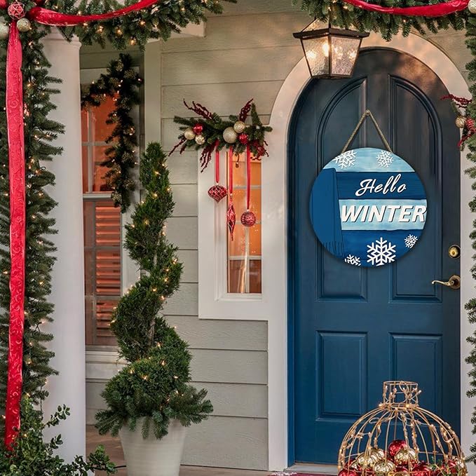 Hello Winter Door Sign for Front Door Blue Snowflakes Scarf Door Hanger Winter Wooden Porch Wall Hanging Sign for Home Outdoor Xmas Decoration 12x12 Inch
