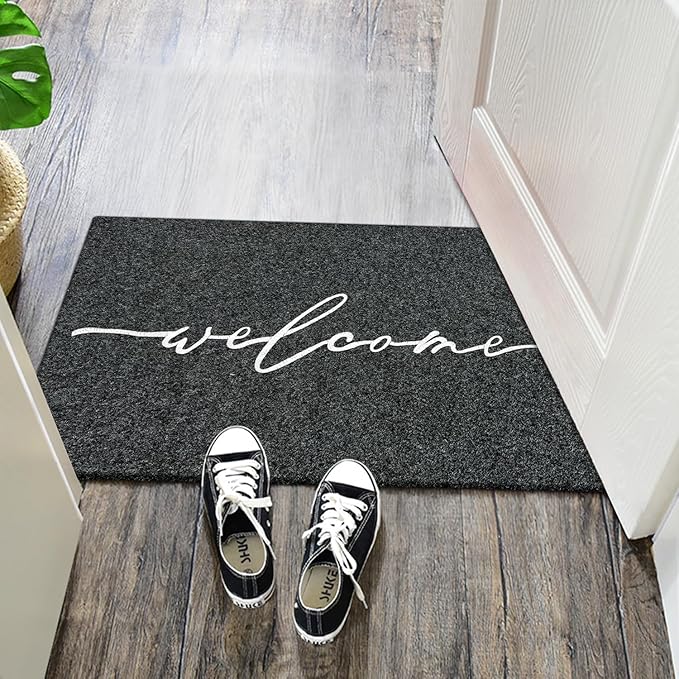 AAZZKANG Welcome Mat Outdoor with Non Slip Rubber Backing Easy to Clean Entry Door Mats for Indoor High Traffic Areas Front Door Entrance Doormat Grey