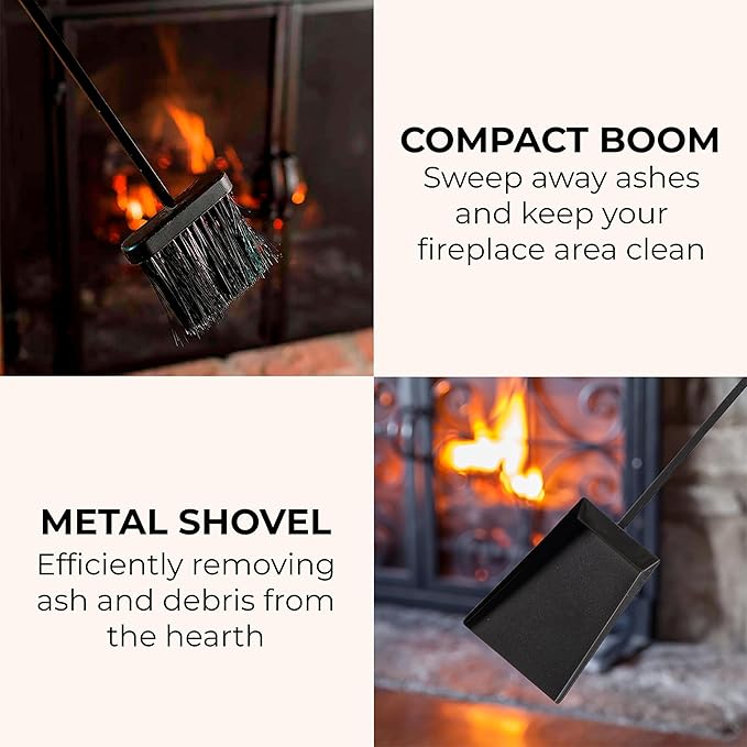 Plow & Hearth Gothic 5 Piece Fireplace Tool Set with Poker Tongs Shovel Broom and Stand | 32.5" H | Black Wrought Iron Handle for Outdoor Indoor | Wood Stove Firepit Accessory