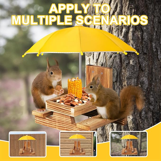 Gnodary Squirrel Feeder with Umbrella, Squirrel Feeders for Outside, Squirrel Picnic Table Feeder - Chipmunk Feeder Hold Corn, Corn Cob, Peanuts Style2 (Yellow)
