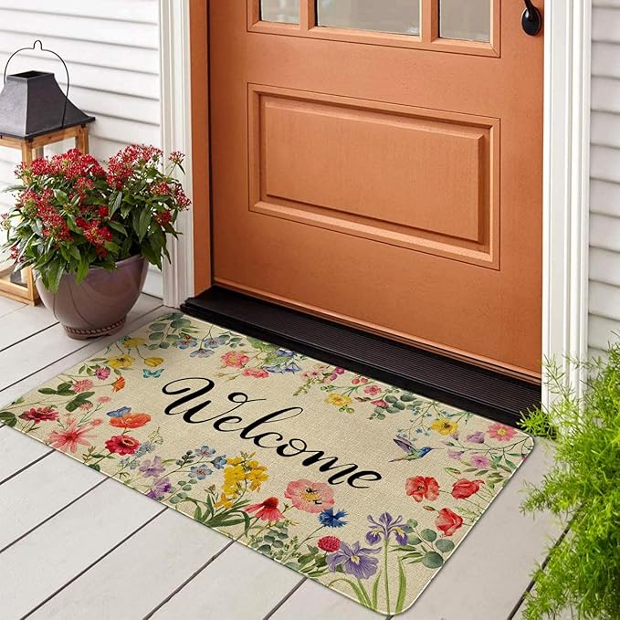 Spring Floral Decor Welcome Entrance Door Mat, Hello Summer Flower Home Decoration Non-Slip Indoor Outdoor Front Doormats Rug 17 x 30 Inch