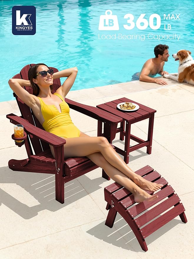 KINGYES Folding Adirondack Chair Set of 6, HDPE All-Weather Patio Chairs with Cup Holder, Wooden Textured Fire Pit Chairs for Poolside, Backyard, Deck, Red