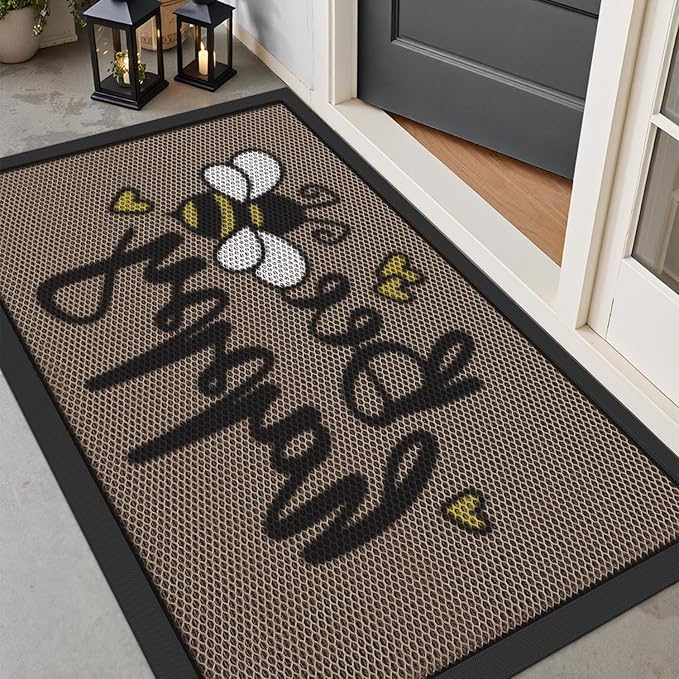 LUMI Outside Welcome Door Mat 32x47, Non Slip Durable Rubber Entrance Doormat, Low Profile Easy Clean Mats for Front Back Door Entryway Porch Garage, Bee Happy