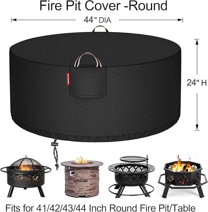 [2026 Upgraded 900D Fabric] Fire Pit Cover Round 41-44 Inch Heavy Duty 900D Strong Tear-Resistant, UV Resistant, Waterproof, Fading Resistant Firepit Covers Round for Outdoor Fire Pit