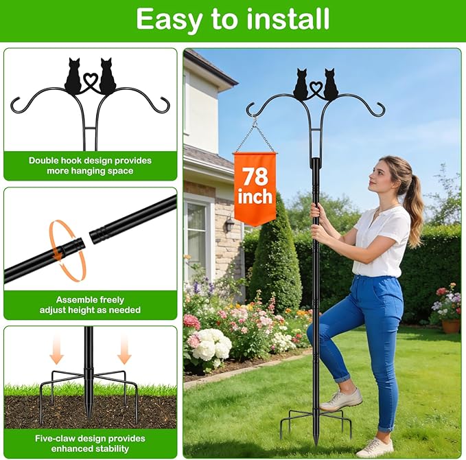 Double Shepherds Hooks for Outdoor, 1 Pack 78 Inch Bird Feeder Pole with 5 Prongs Base, Adjustable Heavy Duty Plant Hangers Cat Art for Outdoor Plants Hummingbird Feeder Hanging Basket Lantern