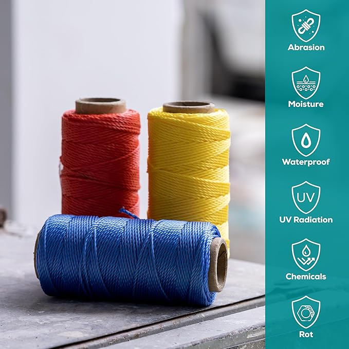 Mason Line String 1.3mm Thick Twisted Polypropylene – Durable Construction Twine for Laying Bricks, Blocks, Fences in Gardening, DIY & Landscaping Projects (Set 3 Colors, 262 Ft x 3 Pcs)