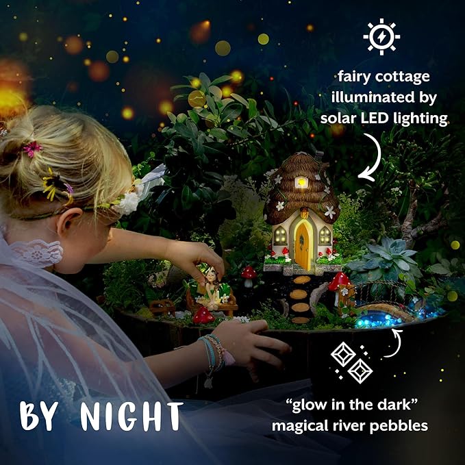 WILD PIXY Fairy Garden Kit - 13 Piece Glow in The Dark Accessories with 7.1" Outdoor Fairy House with Opening Door and Solar LED Light, Garden Door for Trees, Stones, Indoor/Outdoor Decor