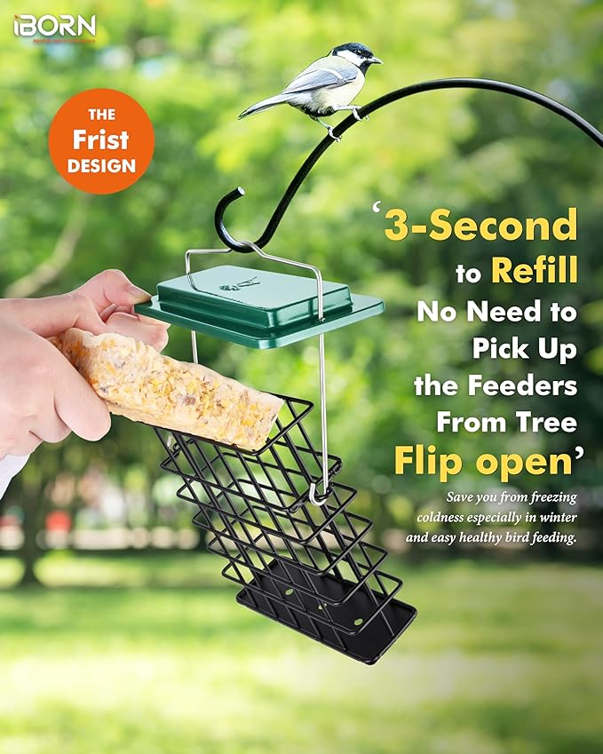 iBorn Suet Feeder Suet Bird Feeders [Single Capacity] for Outside Hanging with Taller Grid for Woodpecker,Metal Green（Pack of 2）