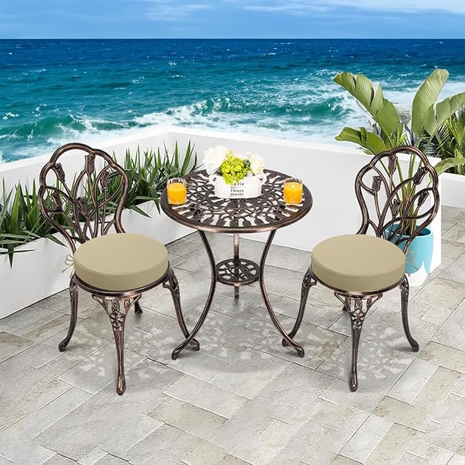 idee-home Outdoor Bistro Chair Cushions, 15”x15”x 3” Thick Outdoor Round Seat Cushions Set of 4 with Ties, Waterproof Round Patio Furniture for Garden