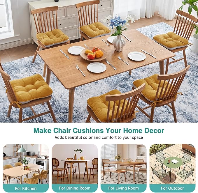 BETU Chair Cushions for Dining Chairs Set of 6,3.5" Thick Kitchen Table Chair Pads with Ties,Non Slip Backing and Covers, Seat Cushion for Dining Room,Bar,Patio Chairs,16"X16"X3.5",Yellow