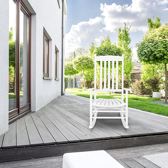 VINGLI Classic Wooden Rocking Chair with Handcrafted Comfort, Eco-Friendly and Durable Rocking Chair, Elegant and Stable Rocker for Indoor and Outdoor Use, White