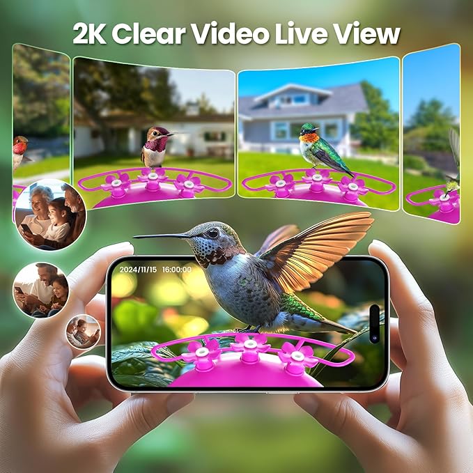 Soliom Hummingbird Feeder with Camera, Smart Feeder Camera Solar Powered with 2K Live View AI Identify, Leak Proof & Ant Moat & Bee Proof, Outdoor Pole/Hook Hanging, 16 OZ Ideal Gifts for Family-Pink