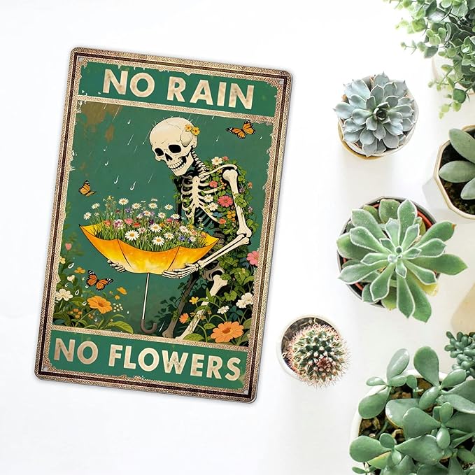 Retro Garden Metal Signs Vintage Skull Poster - No Rain No Flowers Sign, Floral Skull & Umbrella Wall Art Decor for Home, Garden, Bedroom, Living Room 8x12 Inch