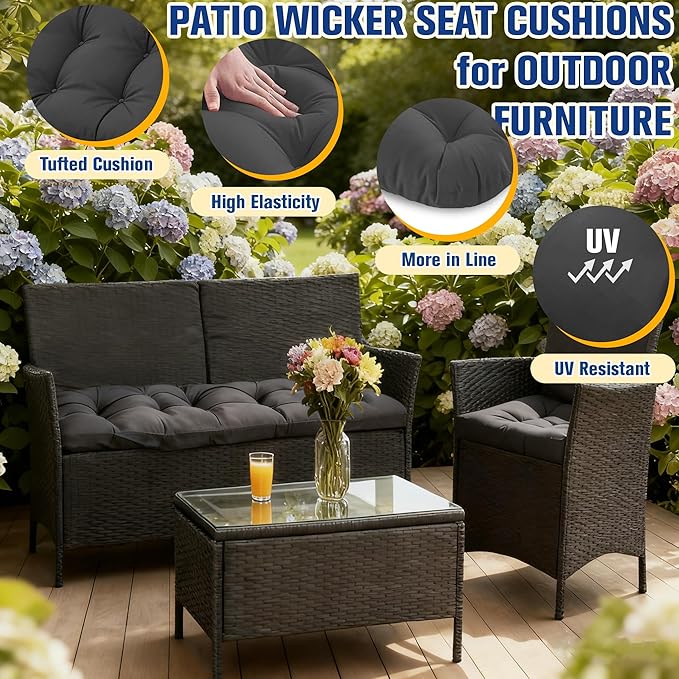 Patio Furniture Cushions Outdoor, Waterproof Wicker Chair Cushions Set of 3, 1 Loveseat & 2 Seat Pads, Thick Outdoor Replacement Cushions for Porch Lawn Bench Couch Sofa Swing, Dark Grey
