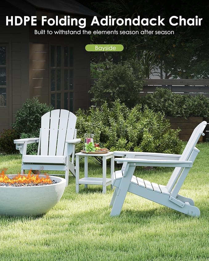 GREENVINES Folding-Adirondack-Chairs-Set-of-6 | HDPE Plastic | Fire Pit Chair | All Weather | Cup Holder | White | for Deck Backyard Patio Outdoor Garden