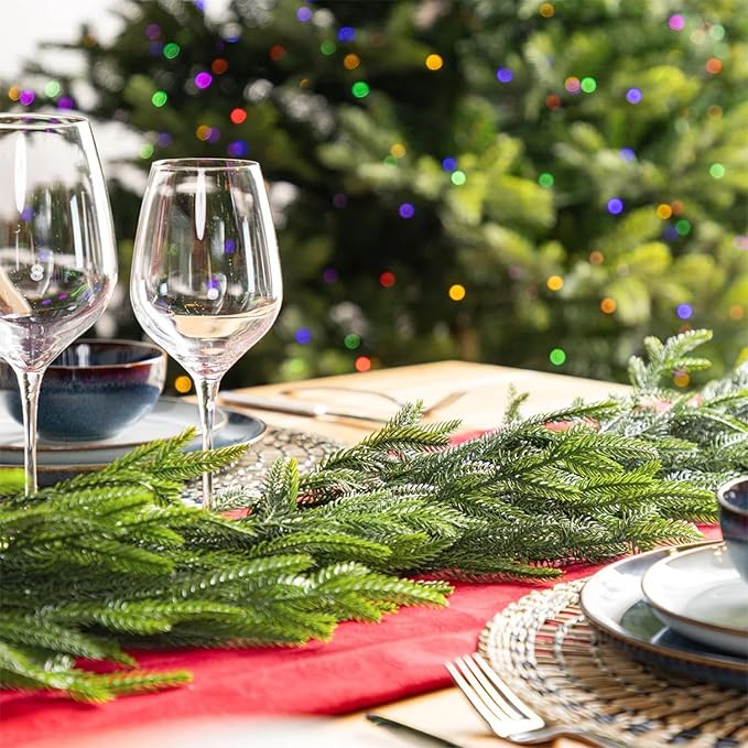 Findosom 2PCS 9Ft Christmas Norfolk Pine Garland, Real Touch Artificial Winter Green Pine Garland for Mantle, Wall, Fireplace, Stairs, Table, Indoor & Outdoor Christmas Decorations