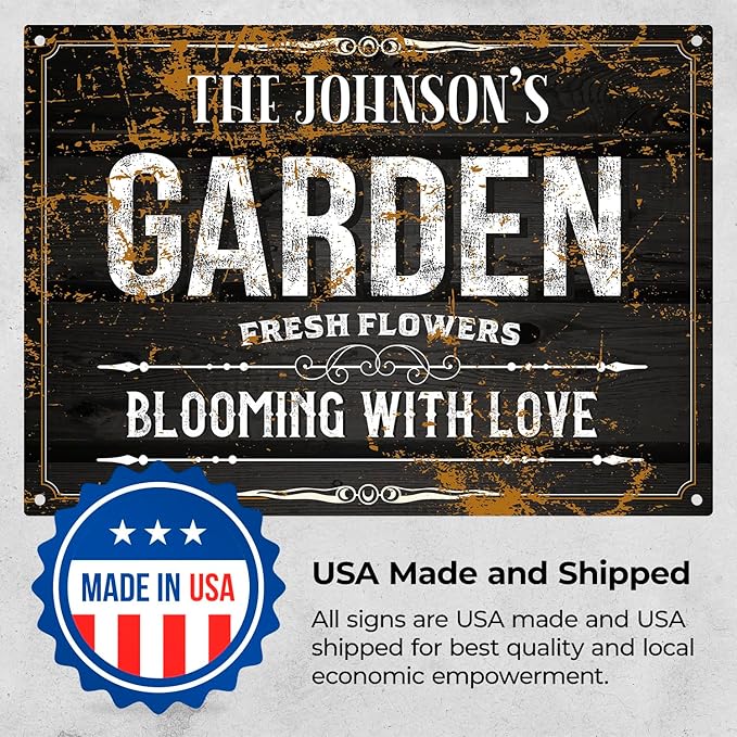 Custom Garden Blooming With Love Sign, Personalized Name For Backyard/Flower Garden Décor Sign, 10x14 Inches, Rust Free .040 Aluminum, Fade Resistant, Made in USA by Sigo Signs
