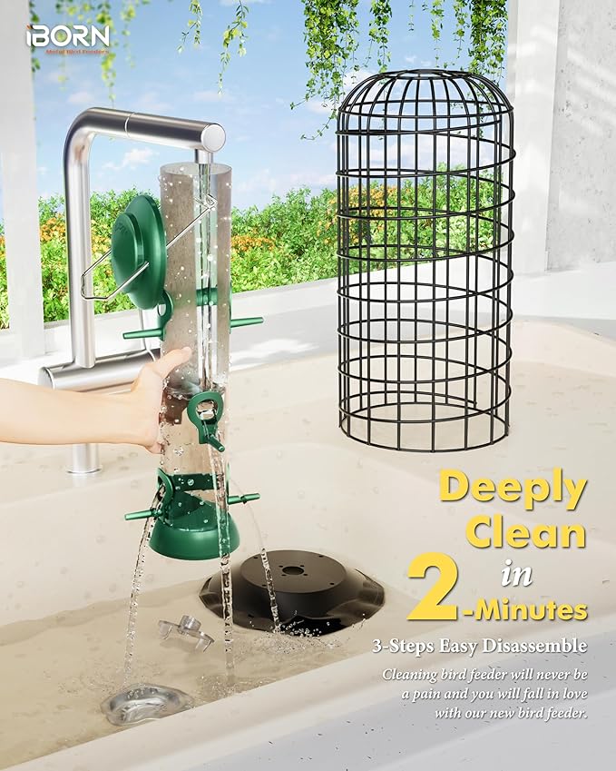 iBorn Bird Feeders Hanging-Squirrel & Pigeon Proof Bird Feeder, Heavy Duty All Metal Green 14 Inch, Outdoor for Mix Seed Blends & Garden