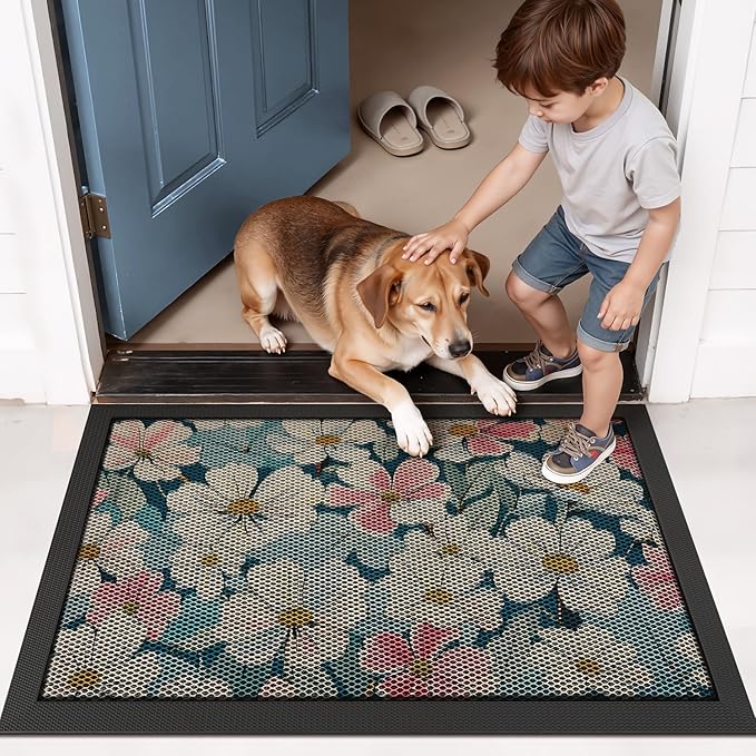 LUMI Outside Door Mat 24x36, Non Slip Rubber Backing Doormat, Low Profile Easy Clean Entrance Mats for Front Back Door Entryway Porch Garage, Bloom Flower