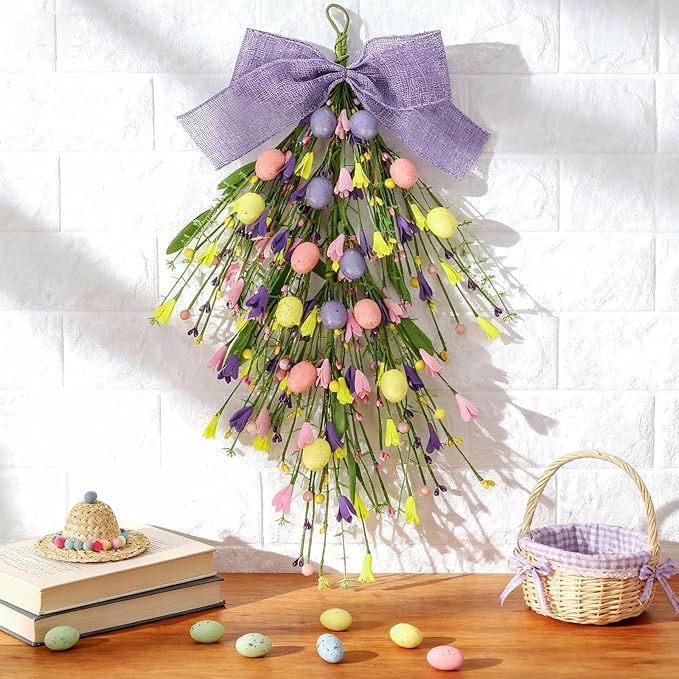 2 Pack 24'' Easter Teardrop Swags for Front Door Pastel Easter Eggs Teardrop Wreath Artificial Spring Floral Hanging Swags with Ribbon Berry for Farmhouse Home Outdoor Window Cabinet Wall Decor