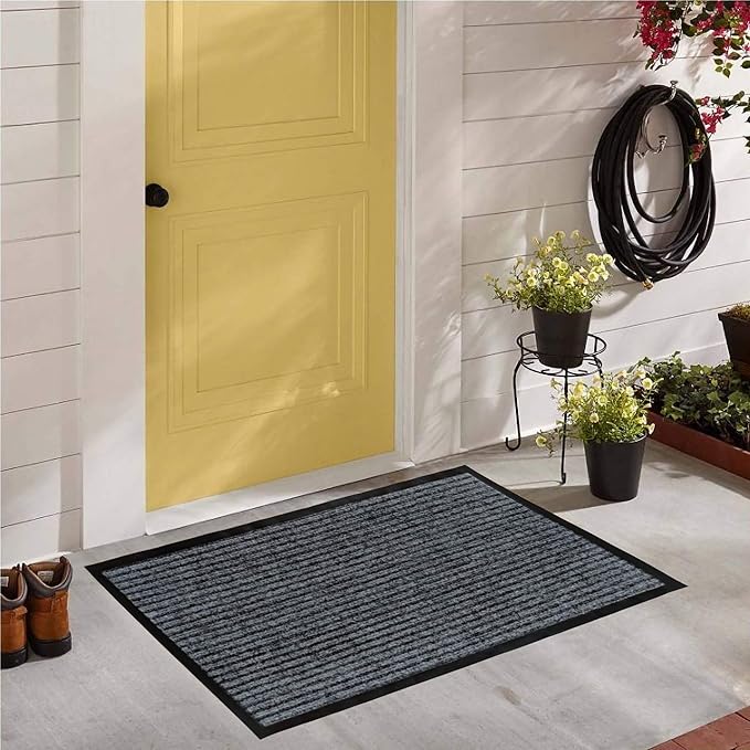 LuxUrux Striped Gray Door Mat - Heavy Duty, Indoor/Outdoor, Easy Clean, Waterproof, Low-Profile (24'' x 16'') - Ideal for Entry, Patio, Garage - Durable Solution for High Traffic Entrance Ways
