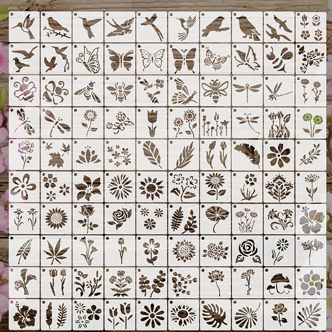 100 PCS Small Flower Stencils for Painting, Reusable Spring Stencils for Wood, Wall, Canvas & Cards, Holiday Crafts(3×3 Inch)