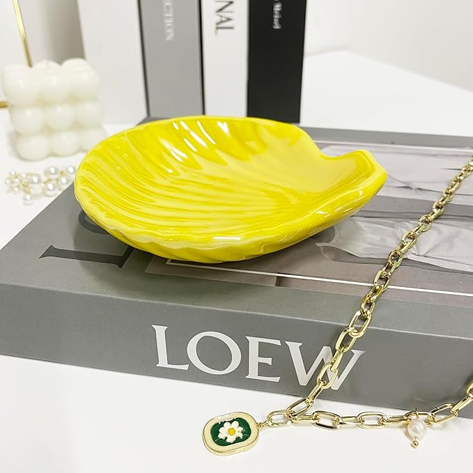 Shell Trinket Dish, Ceramic Jewelry Dish Tray, Cute Organizer Plate for Jewelry, Seashell Jewelry Ring Holder, Birthday Mother's Day Christmas Gift for Women, 3.9", Bright Yellow Iridescent Surface