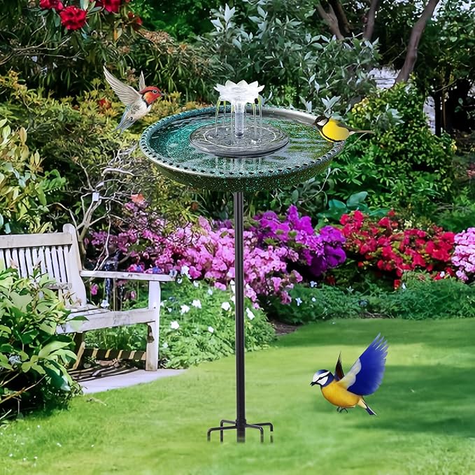 Bird Bath with Solar Powered Fountains for Hummingbirds,Stable Stylish Design with 5-Prong Base Stake Plastic Bird Bath for Outside Patio Yard Garden(Gift)