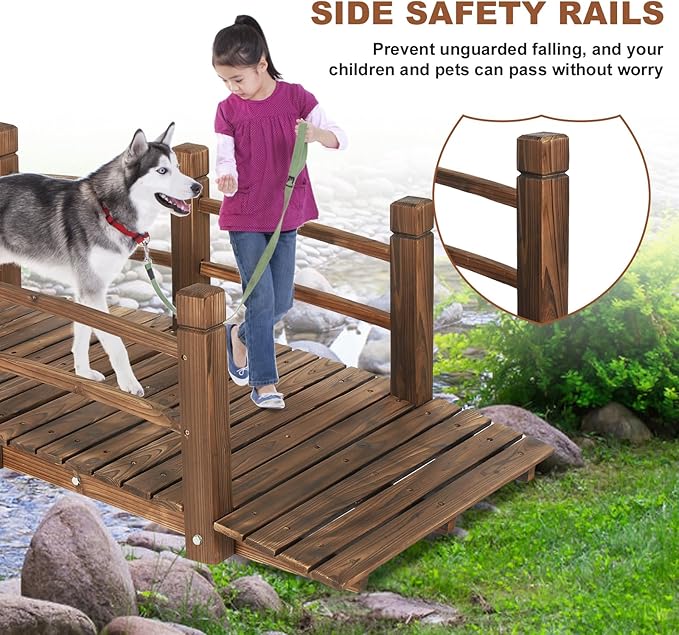 HOMEDIARY 5 FT Fir Wood Garden Bridge, Outdoor Stained Wood Arc Footbridge Walkway with Double Safety Railings, 550 lbs Capacity,Decorative Pond Bridge for Backyard Farm Garden Creek Pond Decor, Brown