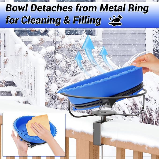 Heated Bird Bath for Outdoors, Upgraded 100W Thermostatically Controlled Heated Bird Baths for Deck Railing Large Capacity Heated Birdbath for Outside Winter Garden Yard Patio Lawn (Blue)