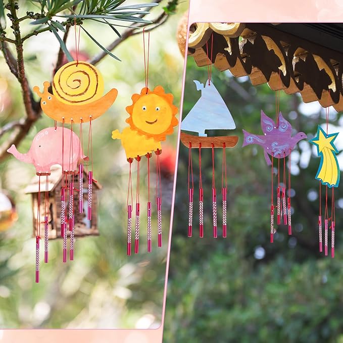 Tuanse 24 Pcs Wind Chime Kit for Kids DIY Wooden Animal Fruit Wind Chimes Crafts for Outside Spring Girls Boys Christmas Home Classroom Activity Garden Summer Decoration,Party Gift(Cute)