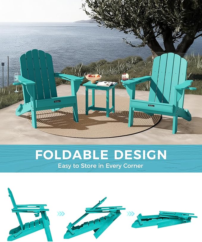 Folding Adirondack Chair, HDPE Adirondack Chair with 2 Cup Holders, Pre-Assembled Outdoor Fire Pit Chairs for Patio, Garden, Poolside, Lakeblue