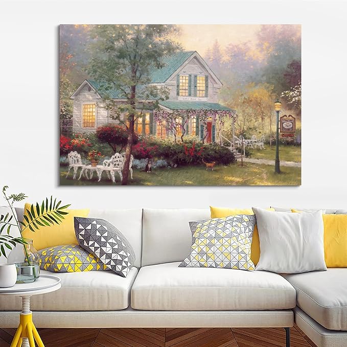 STUDIO HAVEN Thomas Kinkade Canvas Wall Art, Cyan-Roofed Cottage Vine-Covered Porch Flower Garden Relaxing Pets Oil Painting Poster Cozy Retreat Wall Decor, Framed Prints for Home Decor, 16x12Inch