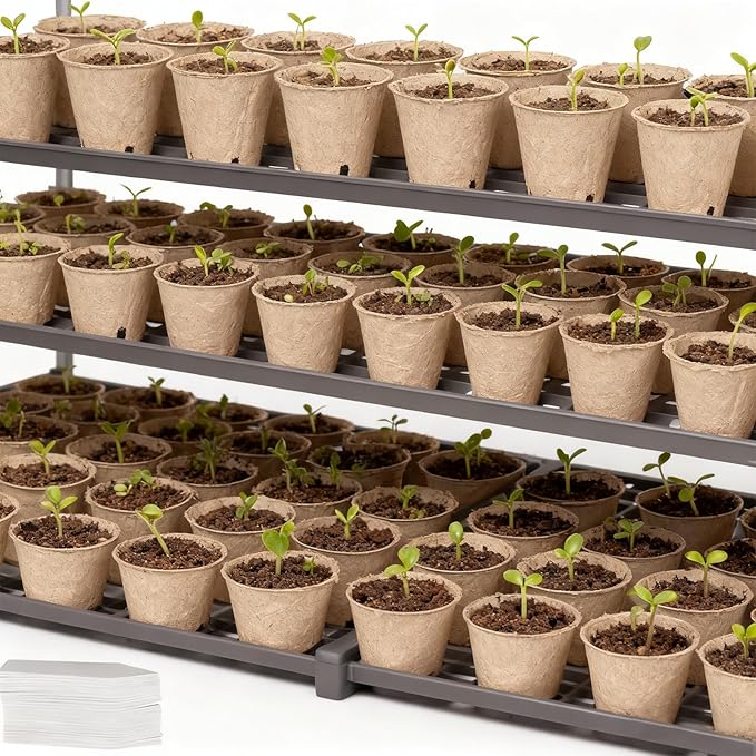 Peat Pots 150 Pack with 100 Plant Labels, 3.15 Inch Biodegradable Seedling Nursery Pots with Drainage Holes
