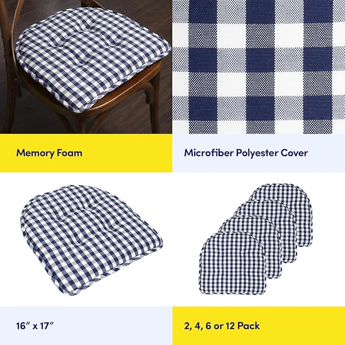 Sweet Home Collection Chair Cushion Memory Foam Pads Tufted Slip Non Skid Rubber Back U-Shaped 17" x 16" Seat Cover, 2 Count (Pack of 1), Checkered Navy/White