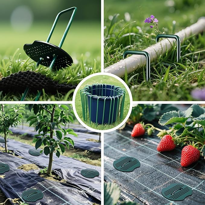 6 Inch Landscape Fabric Staples, 200Pcs Garden Stakes Galvanized +200Pcs Gasket +Pick Hook +Rubber Mallet, U Shaped Weed Barrier Stakes 11 Gauge Lawn Staples Landscape Pins for Yard, Sod, Weed Mat