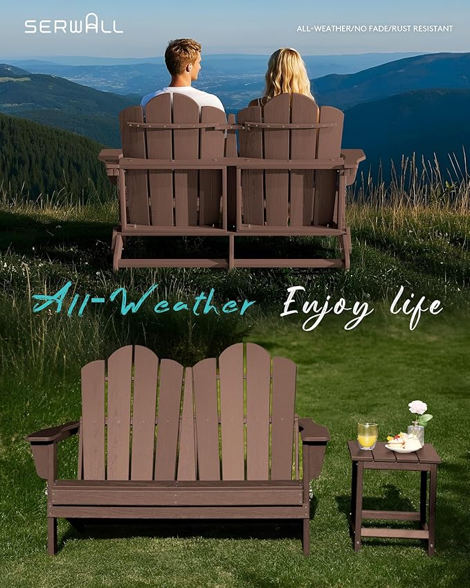 SERWALL Folding Adirondack Bench, HDPE All-Weather Adirondack Loveseat Set of 2, Coffee