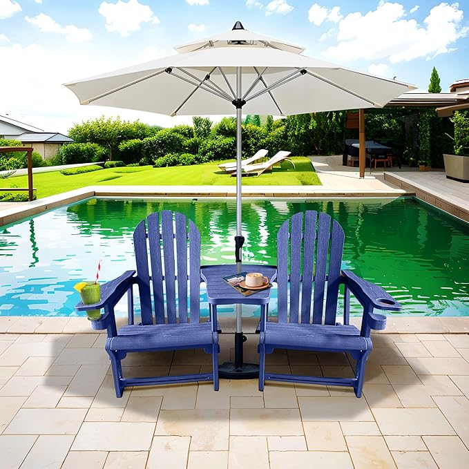 HDPE Adirondack Chairs for Outside, All-Weather Patio Chairs with Cup Holder, Outdoor Lawn Chair for Poolside/Fire Pit/Backyard/Deck, Blue Double Adirondack Chair with Table