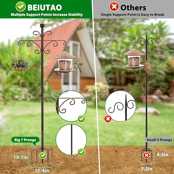 Bird Feeder Pole for Outdoors Heavy Duty Squirrel Proof, 2 Pack 76 Inch Adjustable Tall Shepherds Hooks for Outdoor with 7 Prongs Base, Double Shepherd Hooks (2 Pack Copper, 76 Inch)