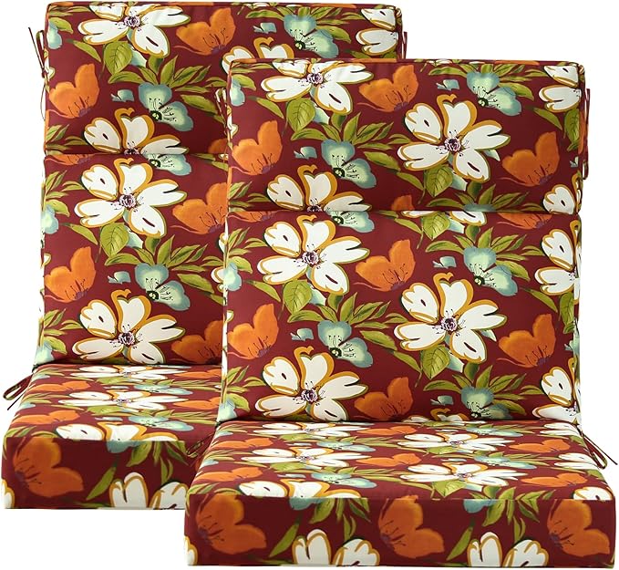 Outdoor High Back Chair Cushion Seat Pads, 44 x 21 Inch Water-Repellent & Fade-Resistant Patio Furniture Cushions with Ties for Adirondack, Rocking Chairs, Red Floral