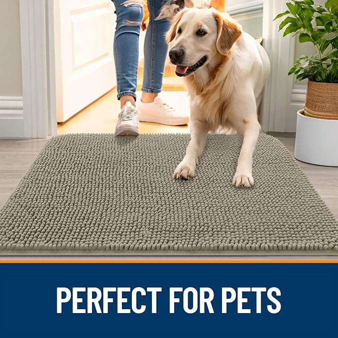 OLANLY Dog Door Mat for Muddy Paws 47x17, Absorbs Moisture and Dirt, Absorbent Non-Slip Washable Doormat, Quick Dry Chenille Mud Mat, Entry Indoor Entryway Carpet for Inside Floor, Warm Taupe