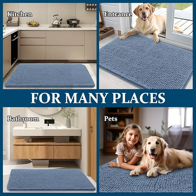 OLANLY Dog Door Mat for Muddy Paws 47x32, Absorbs Moisture and Dirt, Absorbent Non-Slip Washable Doormat, Quick Dry Chenille Mud Mat for Dogs, Entry Indoor Entryway Carpet for Inside Floor, Airy Blue