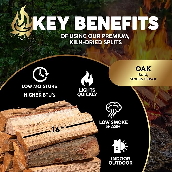 Kiln-Dried PA Oak – 16” Splits (Approx. 38 lb) – Bold Smoking Wood for Cooking, Grilling, BBQ & Fire Pits – Easy Light, Low Smoke, USA-Sourced