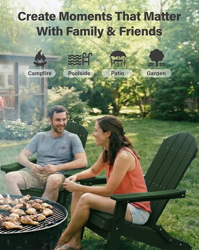 YEFU Adirondack Chair, Oversized Plastic Adirondack Chair Folding Outdoor Chairs with Cup Holder, Lawn Chair with Weather Resistant for Outside Deck Lawn Garden, Weight Capacity Up to 400 Lbs –Green