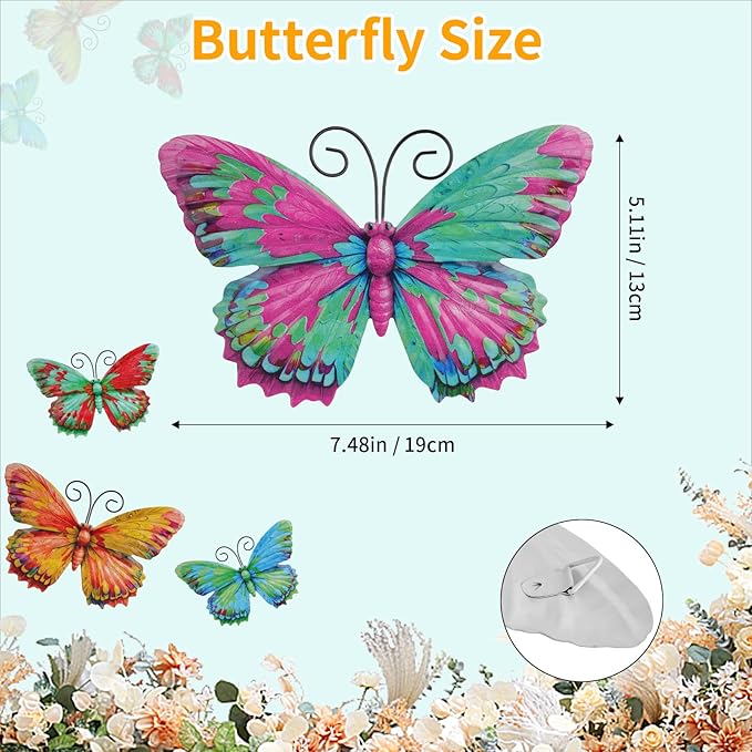 Junware 4 Pieces Metal Butterfly Wall Art Decor - 7.5" Outdoor Fence Wall Sculpture Decor, Hanging Decoration for Garden Yard Living Room Bedroom Patio Balcony, Nice Gift for Mom Friend