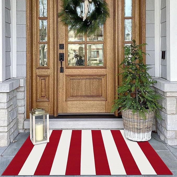 KOZYFLY Red White Striped Outdoor Rug 27.5x43 Inches Front Door Rugs Woven Christmas Area Rug Washable Doormats Entrance Mat for Front Porch Kitchen Entryway Bedside