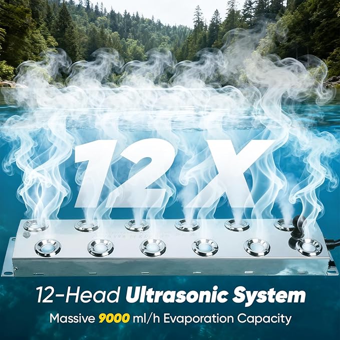Upgrade 12-Head Ultrasonic Mist Maker Fogger 400W, 9000ml/h Humidifier with Float & Water Shortage Protection, 110V Stainless Steel Waterproof Mister for Garden, Pond, Fountain, Christmas Use