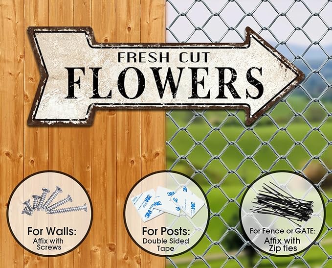 Mukuko Fresh Cut Flowers Metal Signs, Garden Flowers Gift Vintage Look Rustic Arrow Tin Sign Retro 6" x 18"