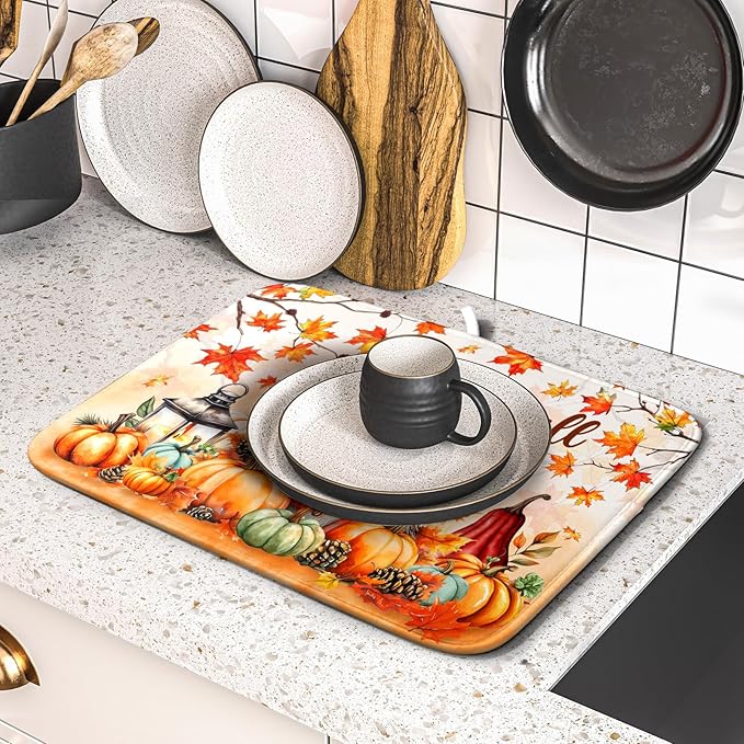 Happy Fall Dish Drying Mat - Cute Hedgehog Absorbent Drying Pad for Kitchen Counter